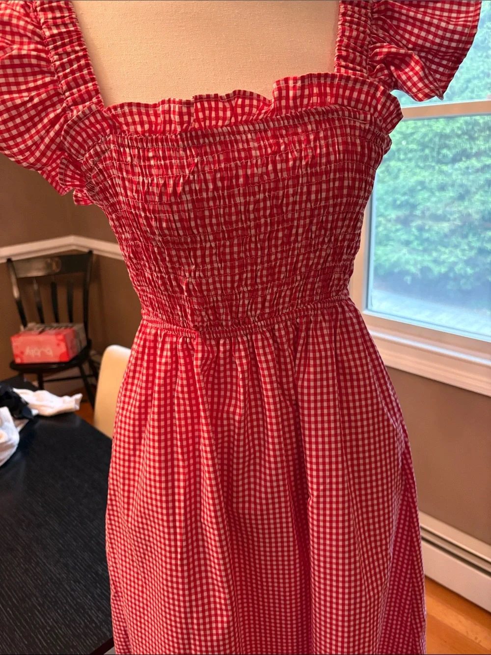 Red Gingham Smocked Midi Dress with Ruffle Cap Sleeves - Picture 4 of 5